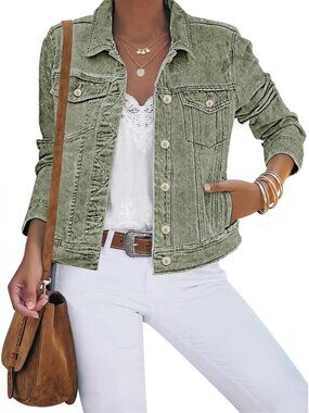 Women's Calliste Green Cotton Button Down Stretch Fitted Long Sleeve Jean Jacket